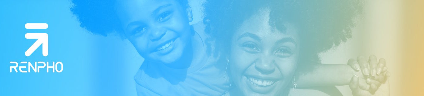 A joyful mother and child, both with curly hair and smiling, on a brightly colored blue and yellow gradient background with the RENPHO logo in the top left.