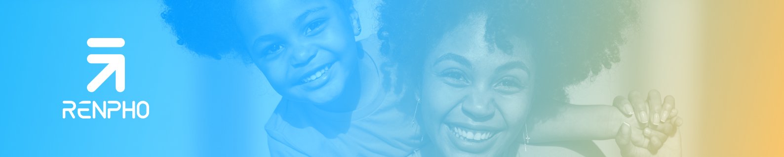 A joyful mother and child, both with curly hair and smiling, on a brightly colored blue and yellow gradient background with the RENPHO logo in the top left.