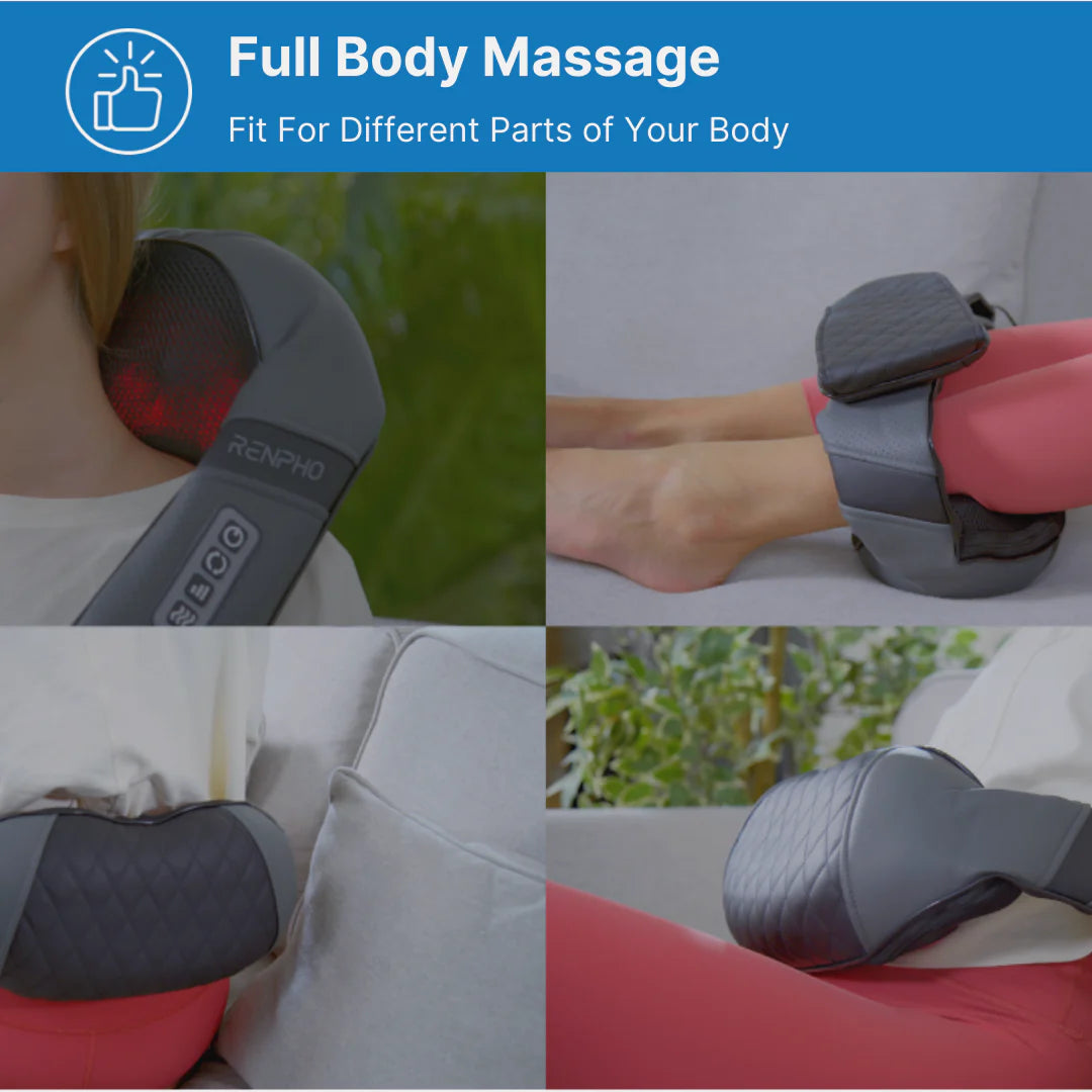 A collage of four images showcasing a gray Renpho EU U-Neck 2 Neck & Shoulders Massager being used on different body parts: neck, shoulder, calf, and thigh. Each section emphasizes the wellness benefits of the device for full.