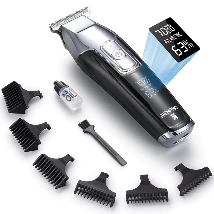 An Renpho EU Professional Cordless Hair Trimmer with digital display, surrounded by wellness accessories including various clipper guards, a cleaning brush, and blade oil, all arranged neatly on a white surface.