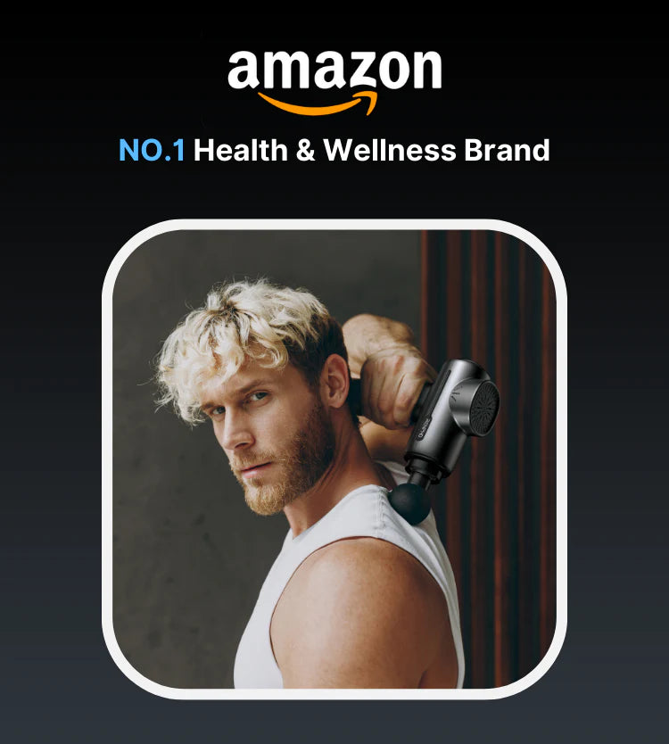 A Caucasian man with tousled blond hair uses a Renpho EU Active Massage Gun on his shoulder, looking intently at the camera. Above him are the logos "Amazon" and the text "No.1 health.