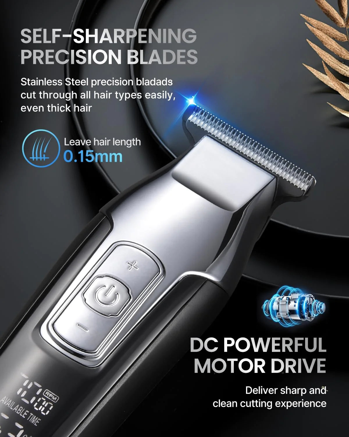 Close-up of a sleek, metallic Renpho EU Professional Cordless Hair Trimmer emphasizing its precision blades and digital features. The text highlights its "self-sharpening precision blades" and "DC powerful drive" for effective cutting.