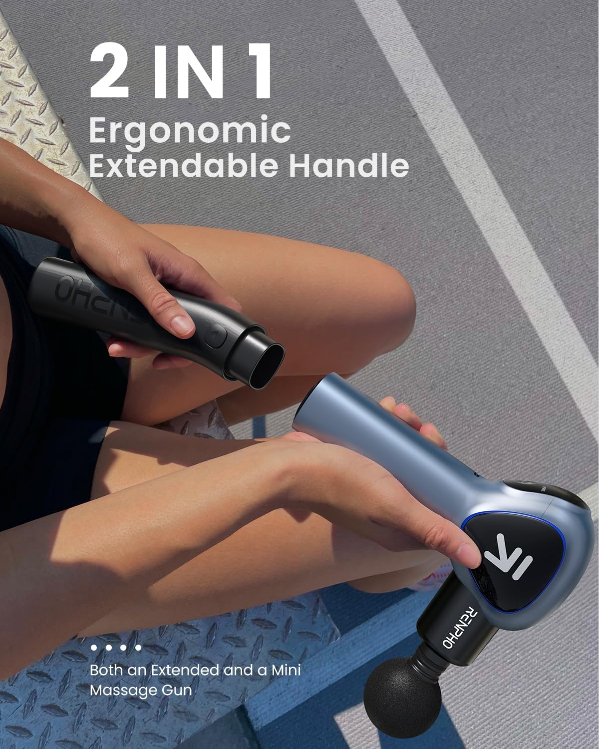An advertisement features a person holding a RENPHO Reach Massage Gun with a focus on the handle. The text highlights it as "both an extended and a mini massager.