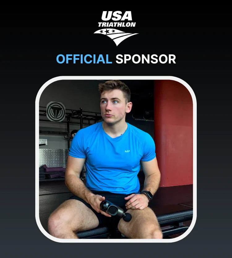 A young man in a blue shirt sits focused on a bench in a gym, holding a Renpho EU Active Massage Gun. Behind him, workout equipment is visible. Above is the "USA Triathlon" logo with the