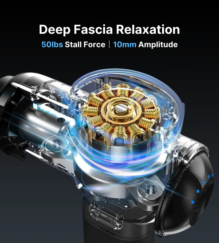 An exploded view graphic of a RENPHO Active Massage Gun from Renpho EU, highlighting its internal components, including gold-colored springs and a glowing blue motor, with text describing its features "deep fascia relaxation, 50lbs".