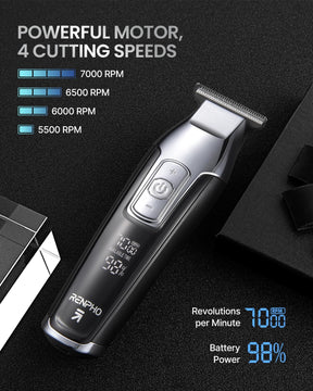 A Renpho EU Professional Cordless Hair Trimmer lies diagonally on a dark, reflective surface with text highlighting a powerful motor at three speeds, a digital display showing rpm and battery percentage.