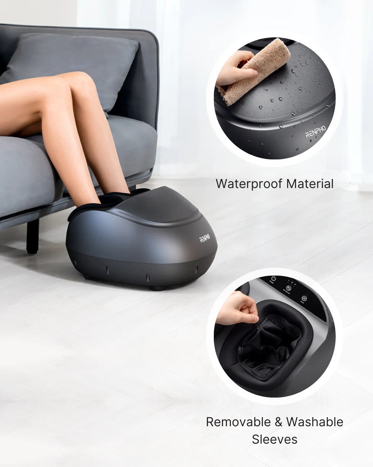 A collage of three images: top shows a person's legs resting on a black Renpho EU Shiatsu Foot Massager Premium by a sofa, middle highlights the waterproof material of the massager with a wet sponge, and bottom features