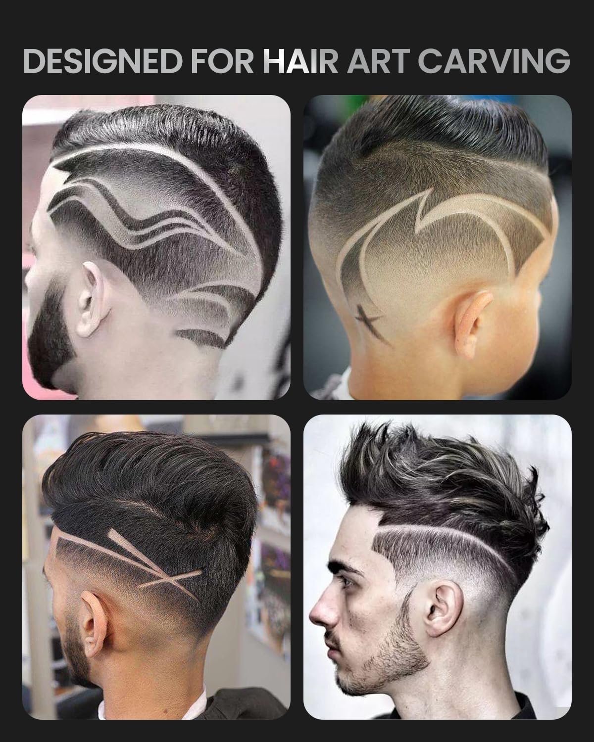 Four images showcasing intricate hair art designs on men. Top left: thick swirling lines and patterns on a faded cut using the Renpho EU Professional Cordless Hair Trimmer. Top right: sharp, angular lines with a clear fade using the Renpho EU Professional Cordless Hair Trimmer. Bottom left: crossed straight using the Renpho EU Professional Cordless Hair Trimmer.