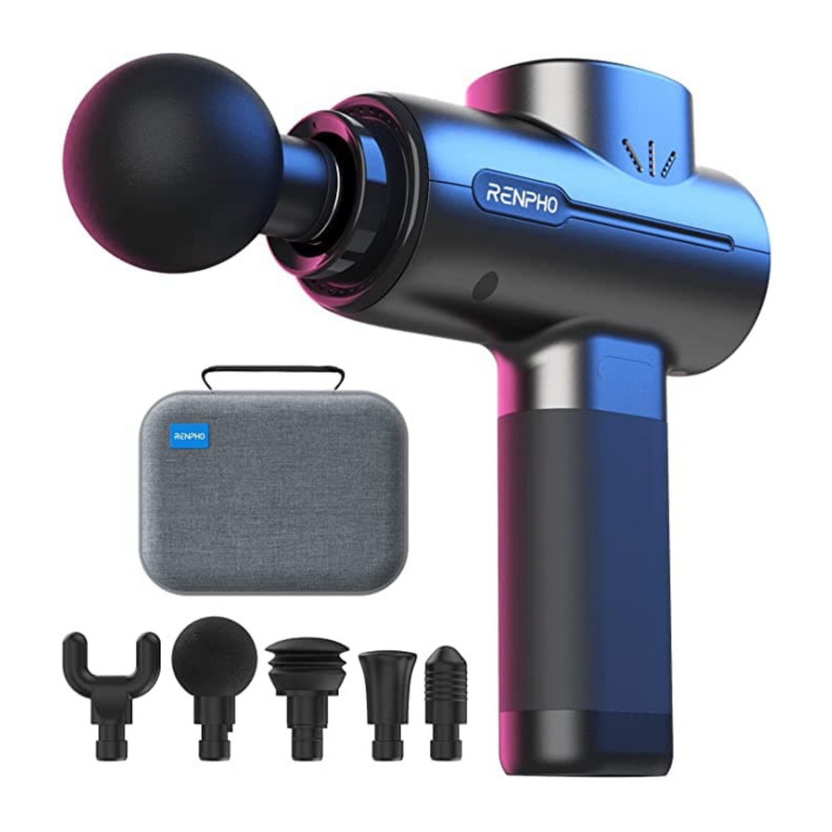 A blue and black RENPHO Active Massage Gun with various detachable heads displayed alongside a gray carrying case. The device, ideal for fitness enthusiasts, features controls on the handle and multiple intensity levels indicated on the top.