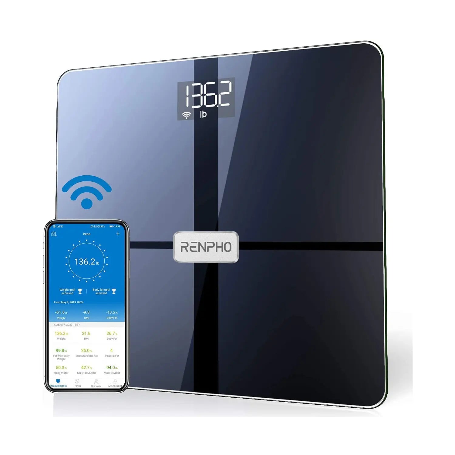 The black Elis Aspire Smart Body Scale by Renpho EU displays 136.2 pounds on its LED screen. The white Renpho logo is centered within its grid pattern. A smartphone next to the scale shows a health monitoring app with weight, BMI, body fat percentage, and other body composition metrics synced via Wi-Fi connectivity.