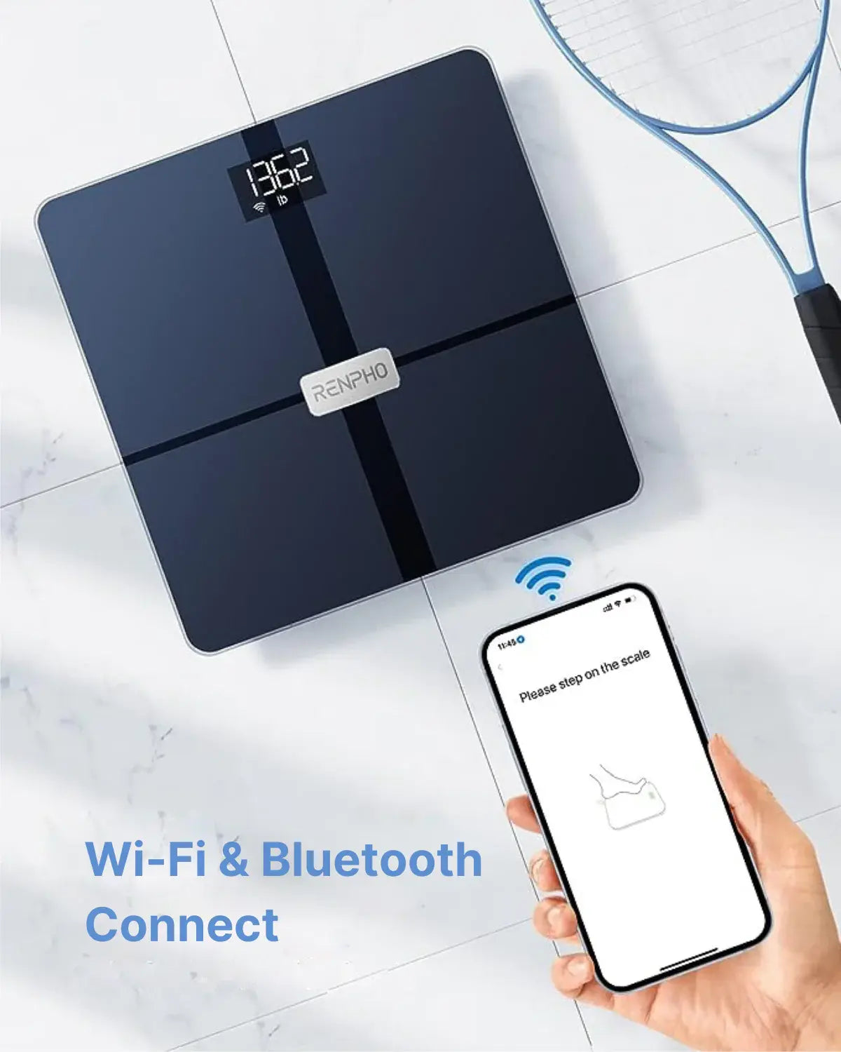 A digital Elis Aspire Smart Body Scale is shown displaying a weight of 136.2 pounds, with the brand name "Renpho EU" visible. Beside the scale, a hand holds a smartphone displaying an app screen that instructs, "Please step on the scale." Two badminton racquets lie nearby. Text reads "Wi-Fi & Bluetooth Connectivity, body composition.