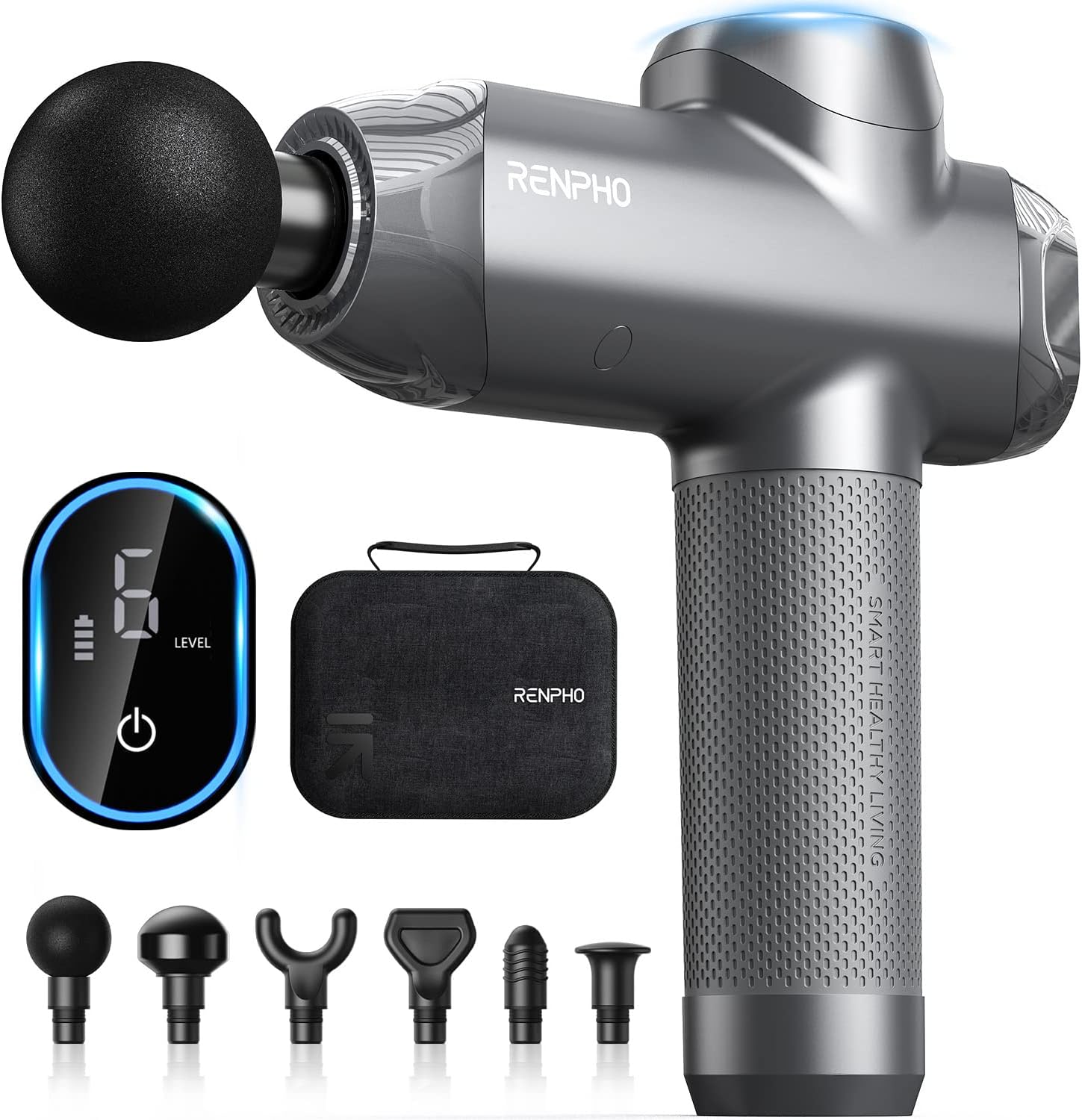 An image showcasing a Renpho EU Power Massage Gun in silver, displayed with five different attachment heads. It includes icons depicting adjustable levels and comes with a black carrying case. The focus is on versatility and