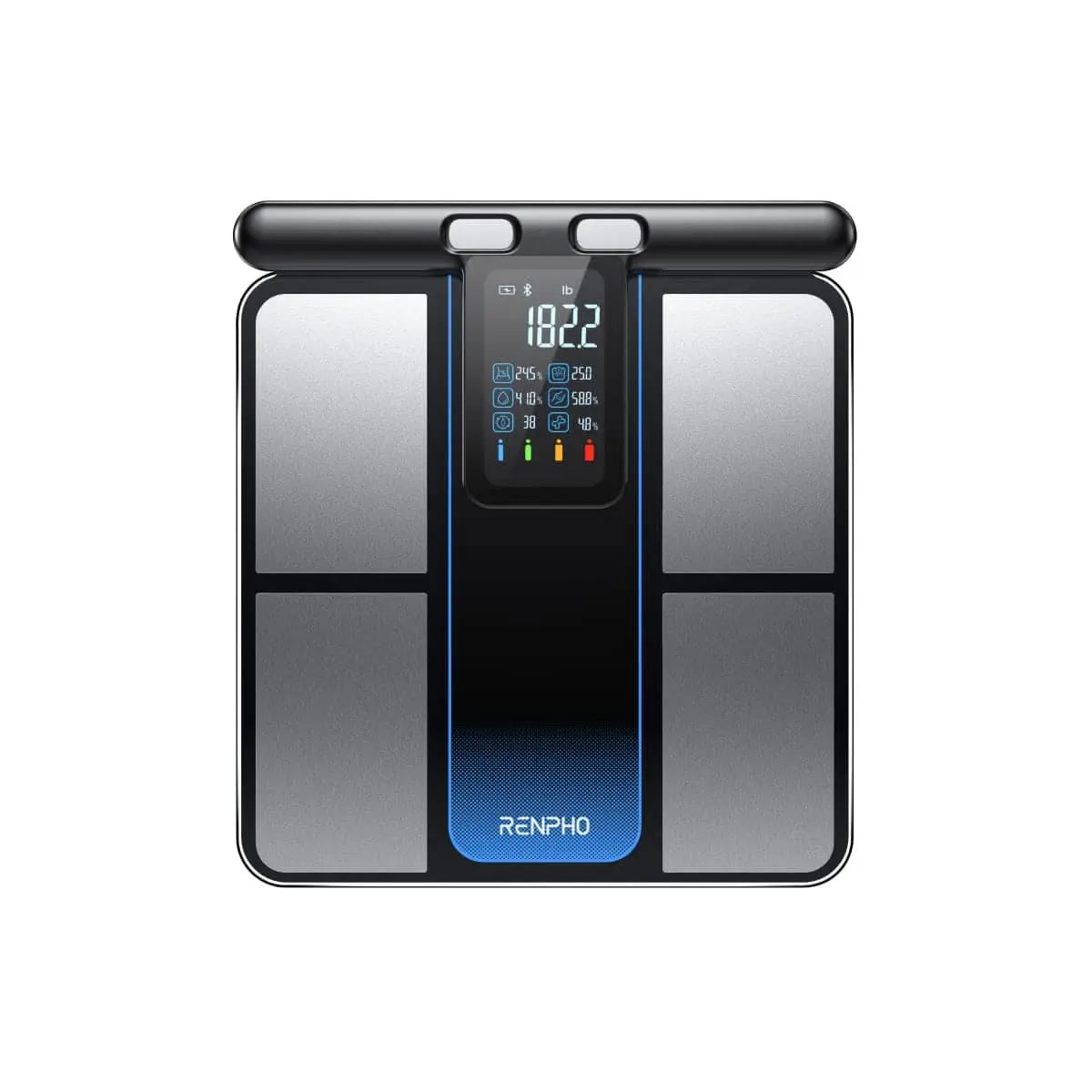 A RENPHO MorphoScan digital Renpho EU body composition scale with an illuminated central display. The screen shows various measurements, including weight, body fat percentage, and BMI. The scale has a sleek black and white design with a touch interface.
