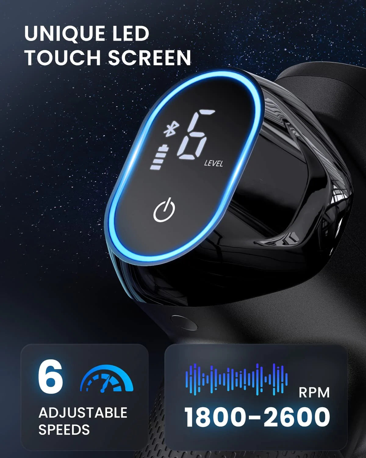 Close-up of a black RENPHO Power Massage Gun with a blue LED touch screen displaying the number 6 and a Bluetooth symbol, labeled "UNIQUE LED TOUCH SCREEN." Below, an infographic lists "6 ADJUSTABLE SPEEDS" highlighting a speed range of "1800-2600 RPM" with corresponding bar graphics. Perfect for workout recovery and easing muscle soreness.
