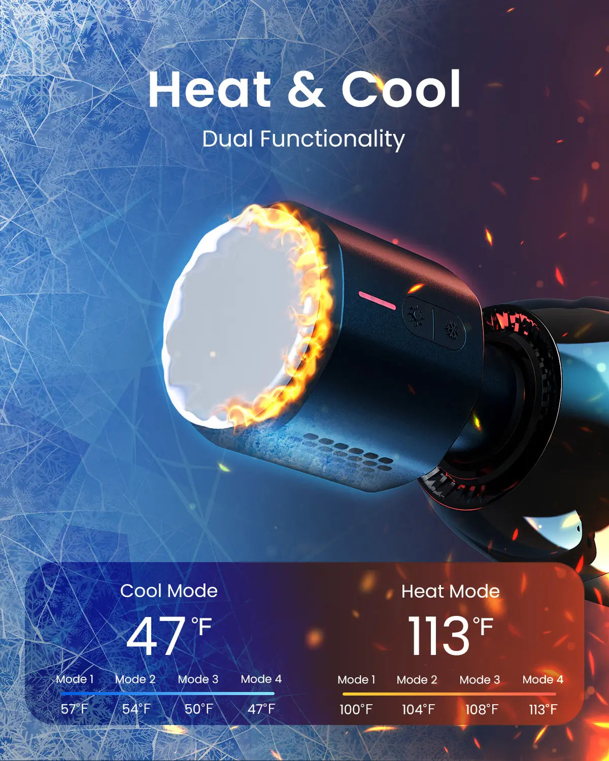 Image of the Renpho Power Thermacool Massage Gun by Renpho EU, showcasing its dual functionality with a sleek cylindrical design. One side emits blue cool air (47°F) accompanied by ice graphics, while the other side releases red hot air (113°F) with fire graphics. Text reads "Heat & Cool Dual Functionality." Perfect for workout recovery and easing muscle soreness, it also features intuitive control buttons.