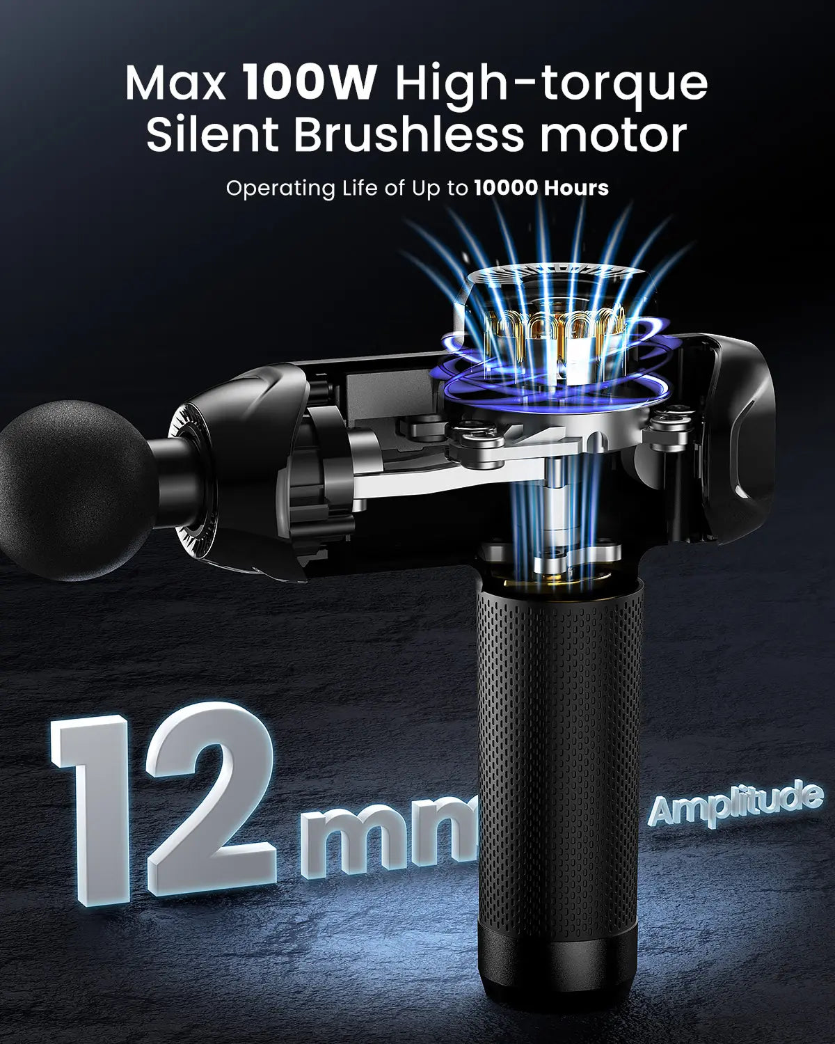 Image of the Renpho Power Thermacool Massage Gun highlighting its key features. Text at the top reads "Max 100W High-Torque Silent Brushless Motor" with "Operating Life of Up to 100000 Hours" below. The gun's inner mechanism is exposed, showing intricate components. Additional text "12 mm Amplitude" is positioned at the bottom-left, perfect for workout recovery and relieving muscle soreness.