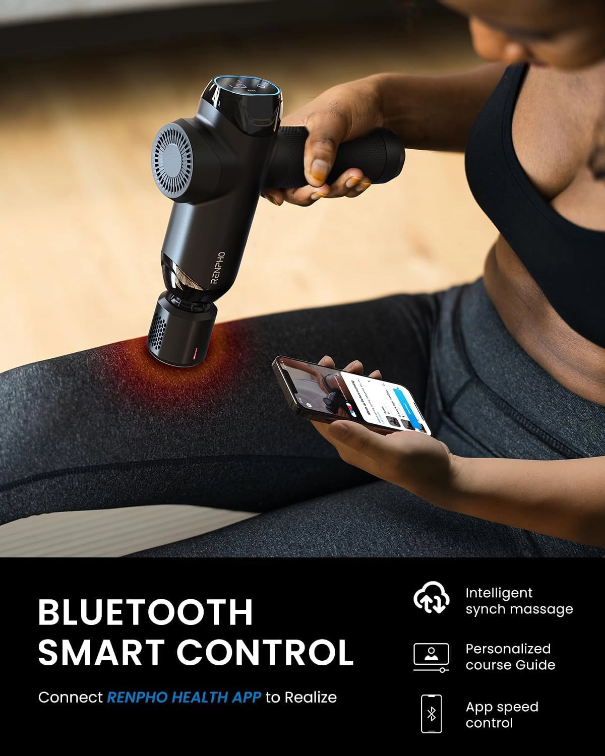 A person is using a Renpho Power Thermacool Massage Gun from Renpho EU on their thigh while holding a smartphone. The massage gun emits a red light, indicating its active status. The text at the bottom of the image promotes Bluetooth smart control, the Renpho Health app, intelligent synch massage, personalized course guide, and app speed control for optimal workout recovery.