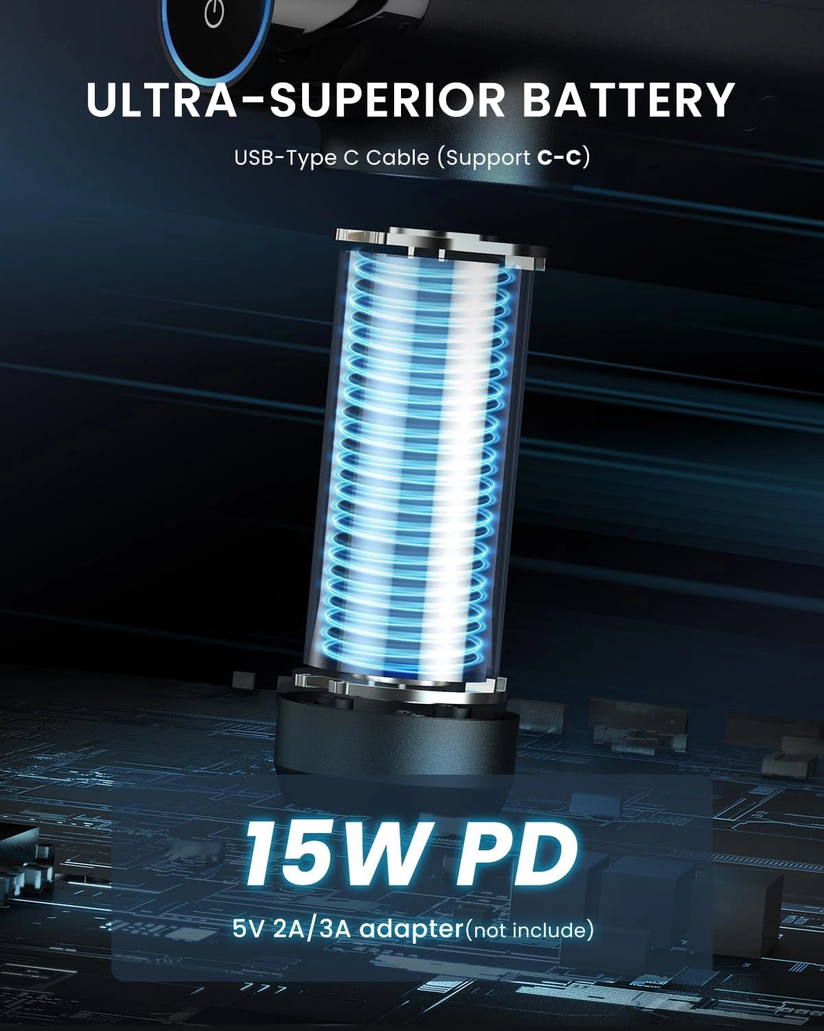 Futuristic marketing image featuring a glowing blue coil representing battery efficiency. Text reads: "ULTRA-SUPERIOR BATTERY" and "USB-Type C Cable (Support C-C)" at the top. At the bottom, it says "15W PD" and "5V 2A/3A adapter (not include)" against a dark, tech-themed background—perfect for powering your Renpho Power Thermacool Massage Gun by Renpho EU.