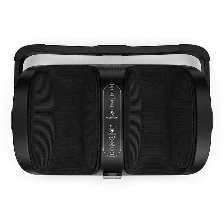 A black, heated foot and calf massager with a sleek design featuring two foot slots. Six control buttons are centered between the slots, labeled with options for power, mode, heat, speed, and direction. The Renpho EU Shiatsu Foot and Calf Massager is designed to provide comfort and ease for tired feet.