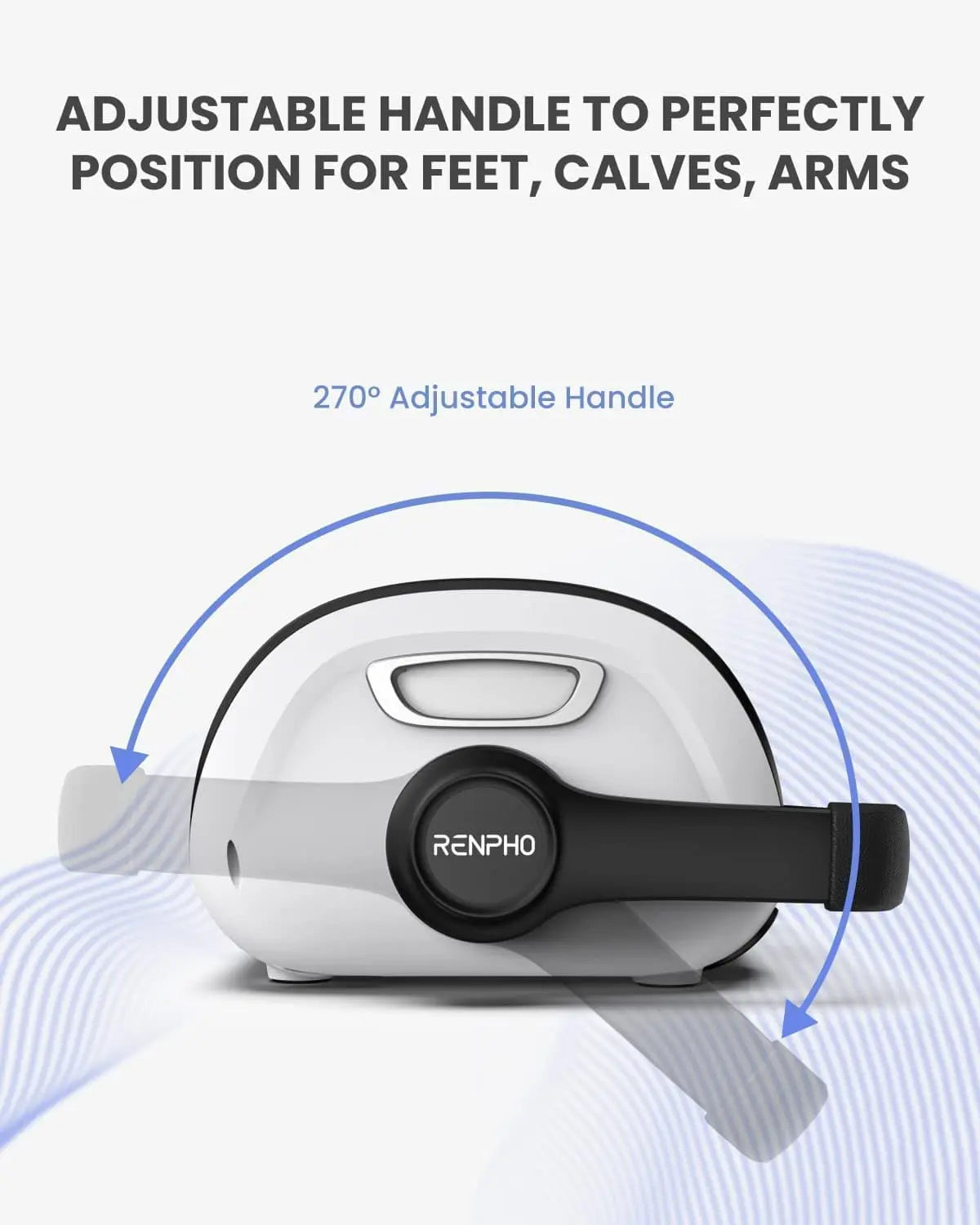 An image of a Renpho EU Shiatsu Foot and Calf Massager with a 270° adjustable handle. The handle positions are shown with blue arrows indicating adjustability for different body parts such as feet, calves, and arms. The background has a wavy design, and the text above the device describes its adjustable feature.