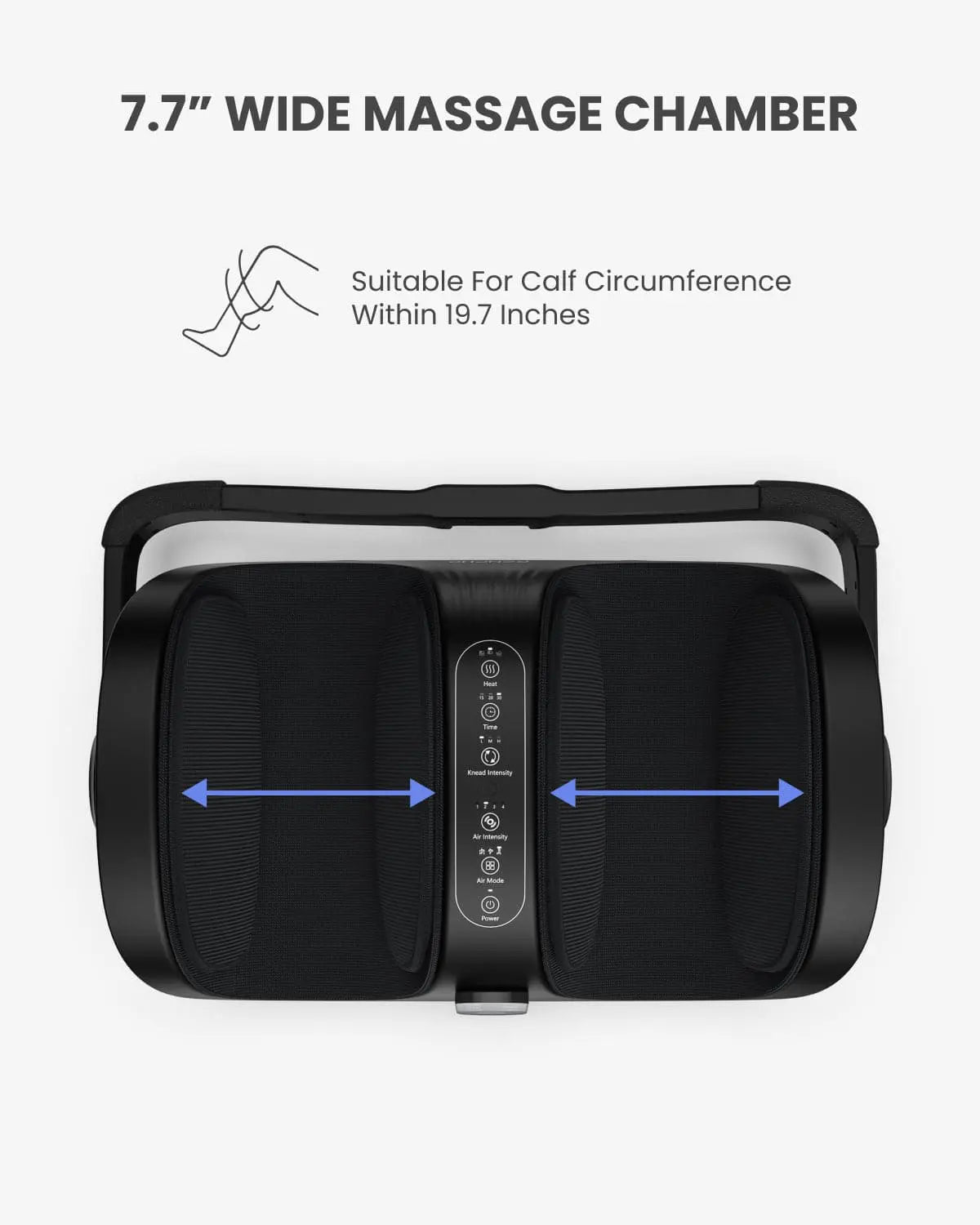 An image of the Shiatsu Foot and Calf Massager designed for calf muscles by Renpho EU. The device has a 7.7-inch wide massage chamber suitable for calves with a circumference of up to 19.7 inches. It features two black padded sections for legs, a central control panel with buttons, and blue arrows highlighting the width.