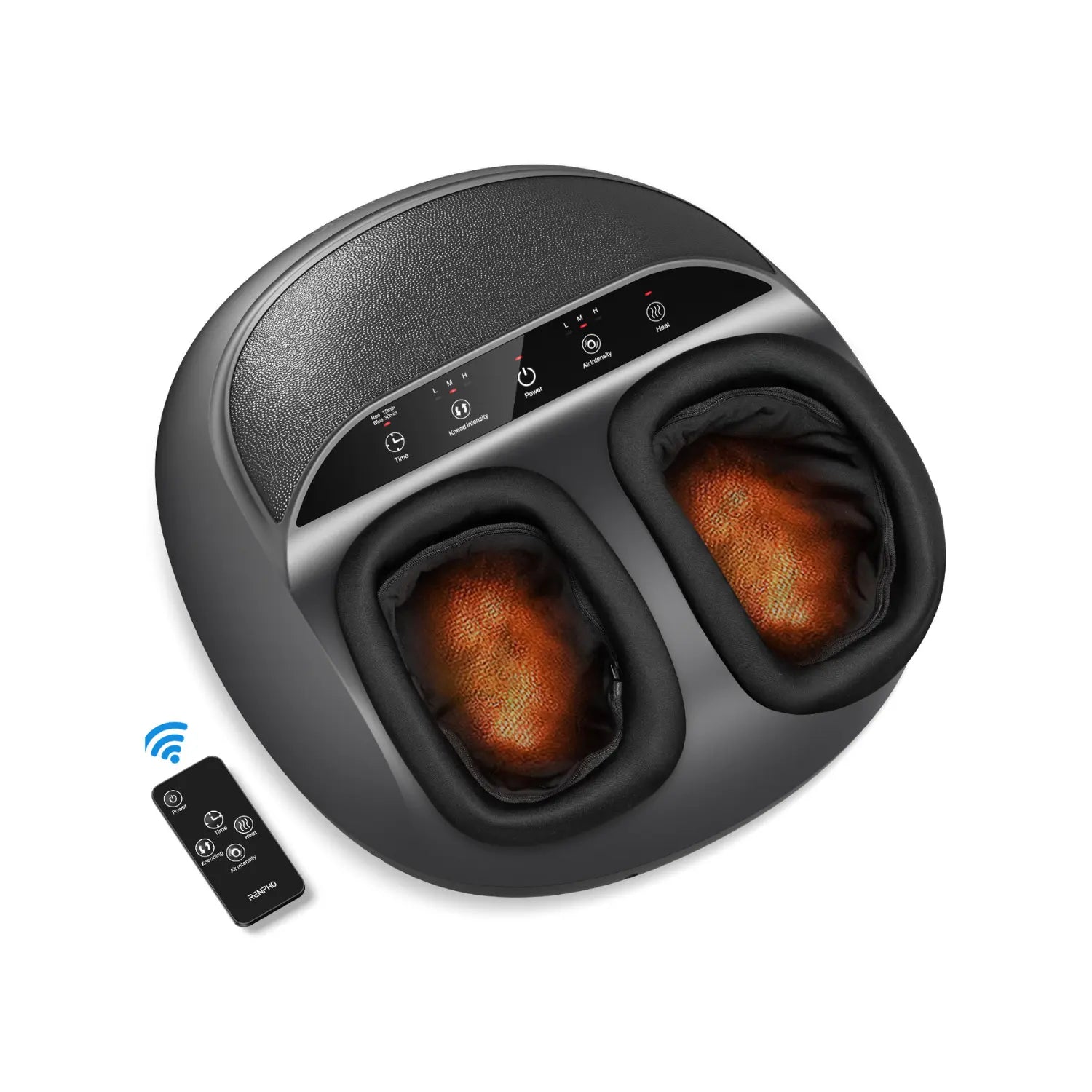 Top-down view of a Renpho EU Shiatsu Foot Massager Premium with two foot slots, control buttons, and LED indicators on the main unit. A small black remote control with buttons for power, mode, and intensity lies beside it. The massager's foot slots are illuminated with a warm orange glow for a deep kneading foot massage to relax your body.