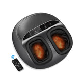 Top-down view of a Renpho EU Shiatsu Foot Massager Premium with two foot slots, control buttons, and LED indicators on the main unit. A small black remote control with buttons for power, mode, and intensity lies beside it. The massager's foot slots are illuminated with a warm orange glow for a deep kneading foot massage to relax your body.