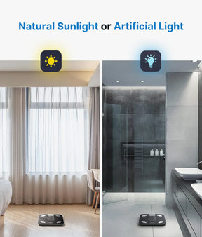 Split image contrasting two rooms: one with natural sunlight shining through a curtain onto a Renpho EU Elis Solar Smart Body Scale in a bedroom, and the other with artificial blue light illuminating a scale in a modern, dark bathroom.