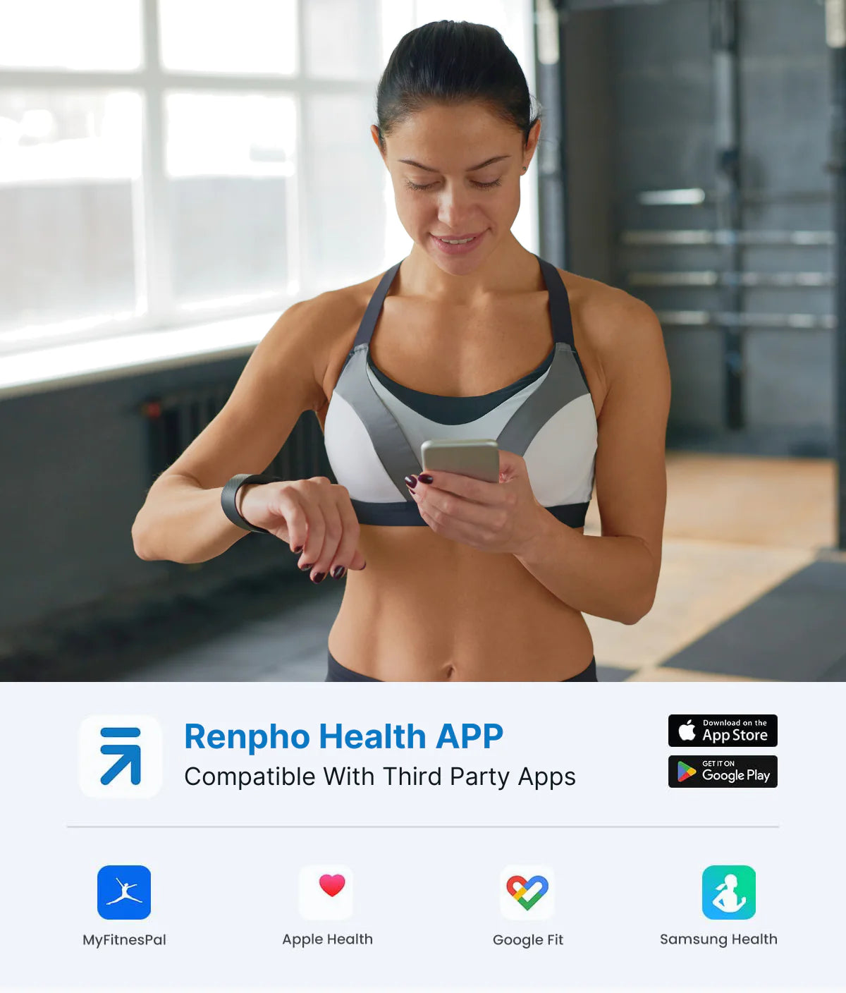 A woman in a gym, wearing a sports bra and leggings, checks her smartphone intently. She's standing near sunlit windows. Logos of Renpho EU health app, MyFitnessPal, and Elis Solar Smart Body Scale.