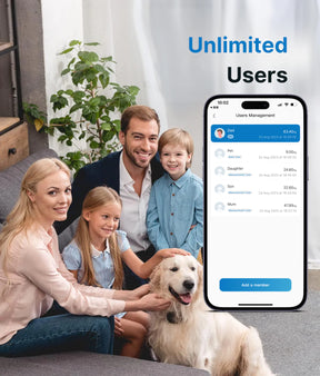 A happy family with two adults, two children, and a golden retriever sitting in a living room, smiling at the camera. In the foreground, a digital tablet displays Renpho EU's Elis Solar Smart Body Scale app screen titled