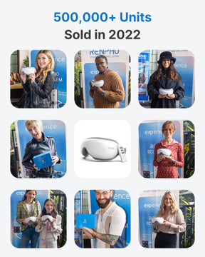 Collage of nine images featuring diverse individuals happily using a compact, handheld white device, labeled "Eyeris 1 Eye Massager," in various settings, including indoor and outdoor. The text above reads "500,000" by Renpho EU.