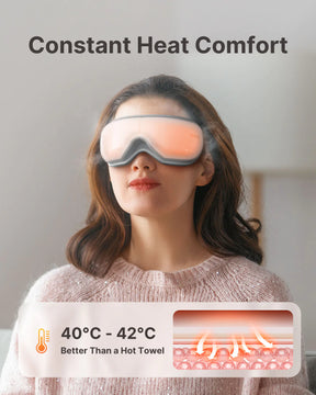 Woman in a pink sweater wearing a white Renpho EU Eyeris 1 Eye Massager with an infographic displaying temperature range (40°c - 42°c) and benefits compared to a hot towel, enhancing the theme.
