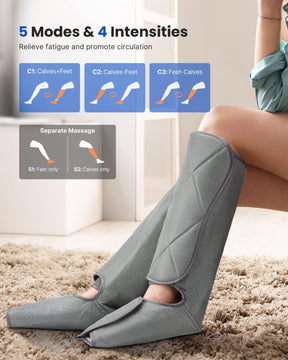 A person sits using a Renpho EU Aeria Elementary Calf and Foot Massager, which has modes and intensity levels displayed in a diagram above. The diagram shows specific parts targeted like calves and feet, with labels for.