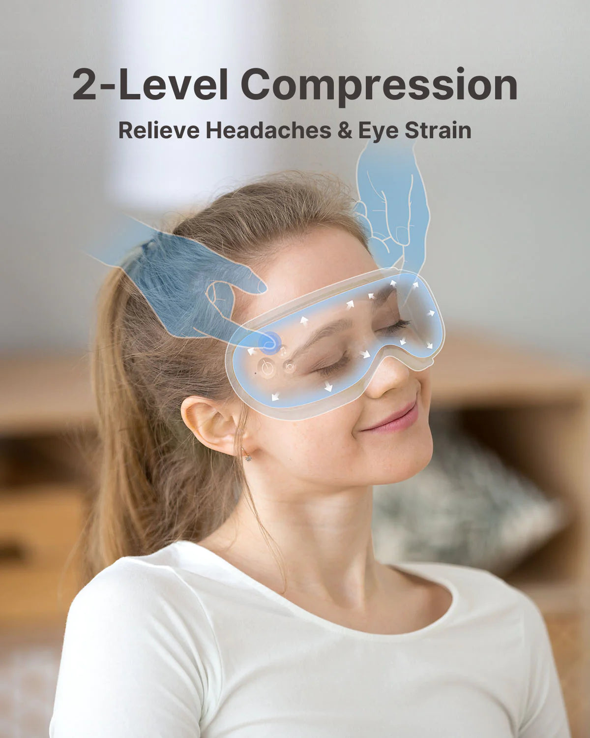 A woman wearing a Renpho EU Eyeris 1 Eye Massager that outlines her eyes in a blue wave-like pattern. The image includes text: "2-level compression: relieve headaches & eye strain." She's in a light