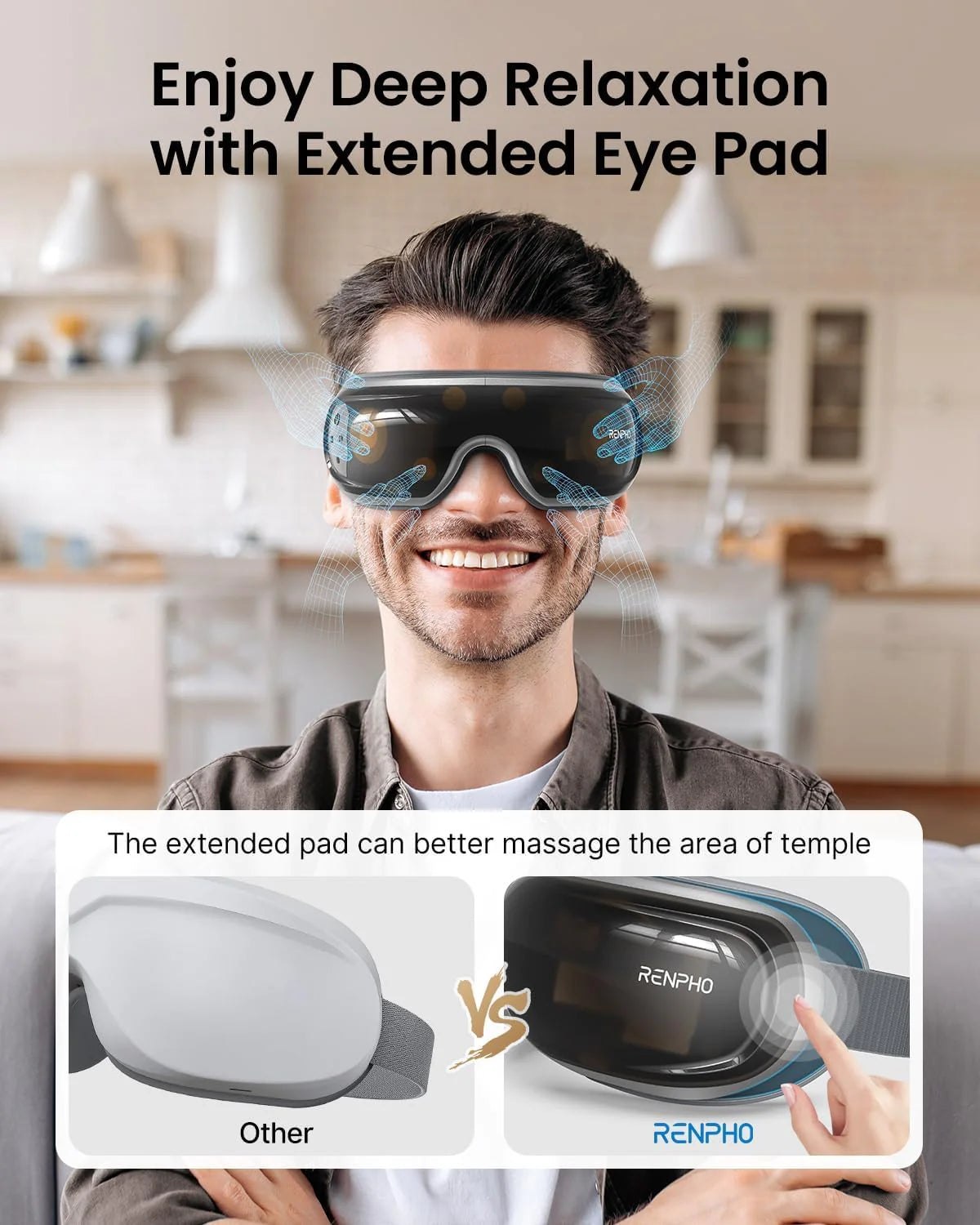 A smiling man in a casual shirt wearing the Renpho EU Eyeris 3 Eye Massager that covers his eyes and temples. Comparative images of two eye massagers below highlight features, labeled as "other" and "Renpho EU Eyeris 3.
