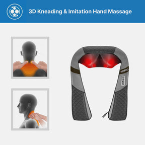 An image featuring a black and grey U-Neck 2 Neck & Shoulders Massager labeled "Renpho EU" with red-light therapy. It includes three smaller images showing a grey model demonstrating the massager's use on neck and.