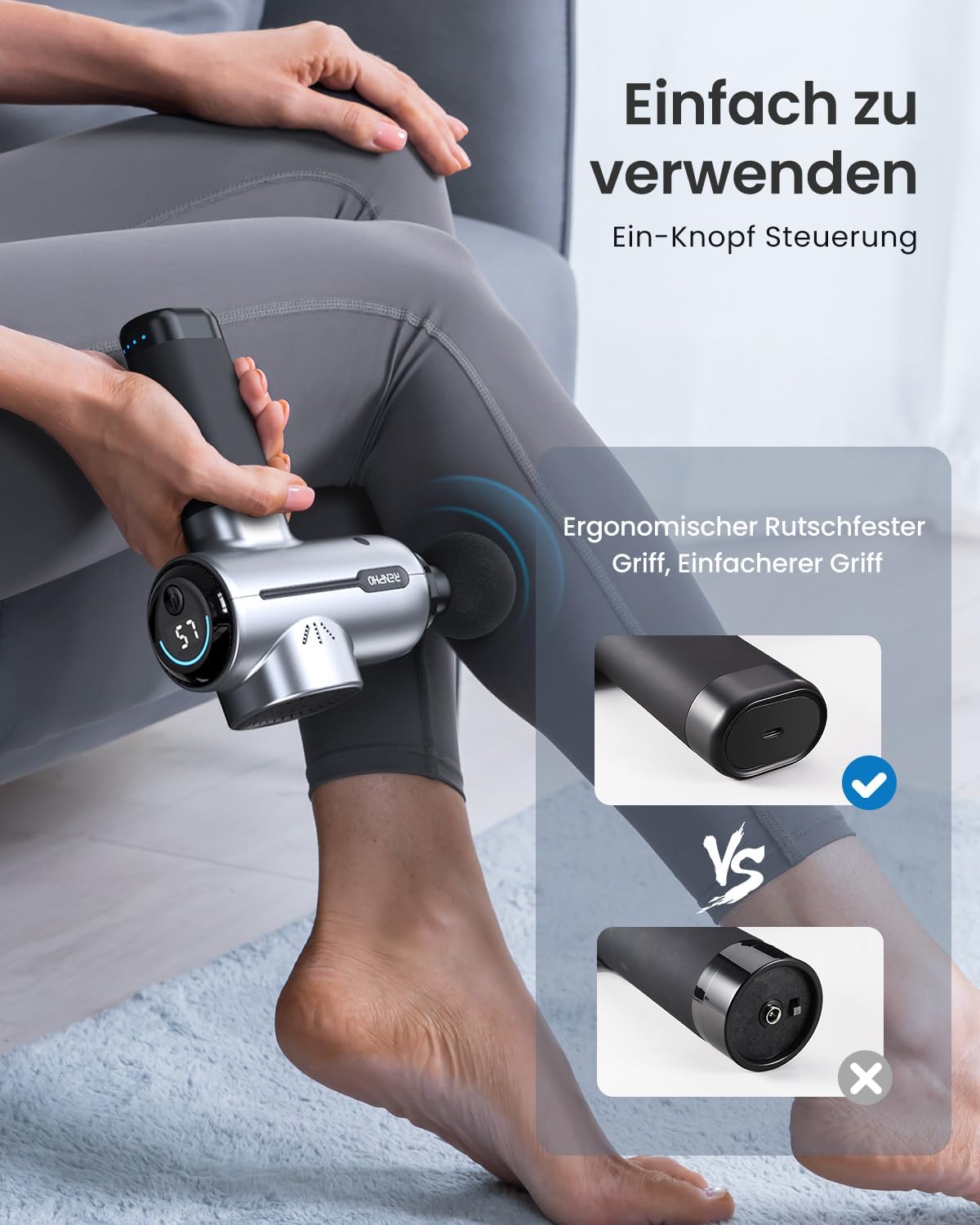 An advertisement featuring a person using the Renpho Massage Gun with Screen on their calf includes close-ups of the device's ergonomic, non-slip grip and one-button control. Text emphasizes ease of use with a checkmark.
