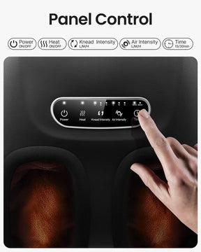A close-up view of a Renpho EU Shiatsu Foot Massager Lite control panel with labels for power, heat, knead intensity, and air intensity. A finger is pressing the power button, and LED indicators are visible.