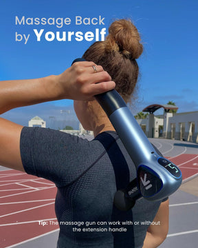 A woman uses a Renpho EU RENPHO Reach Massage Gun on her back, standing on a running track. Her back is to the camera, and she wears a black tank top. The massage gun is attached directly without an.