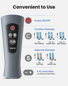The image shows a Renpho EU Aeria Elementary Calf and Foot Massager with various settings labeled. At the top, a red power button is highlighted. Below, buttons are marked for combined or separate foot and leg calf compression.