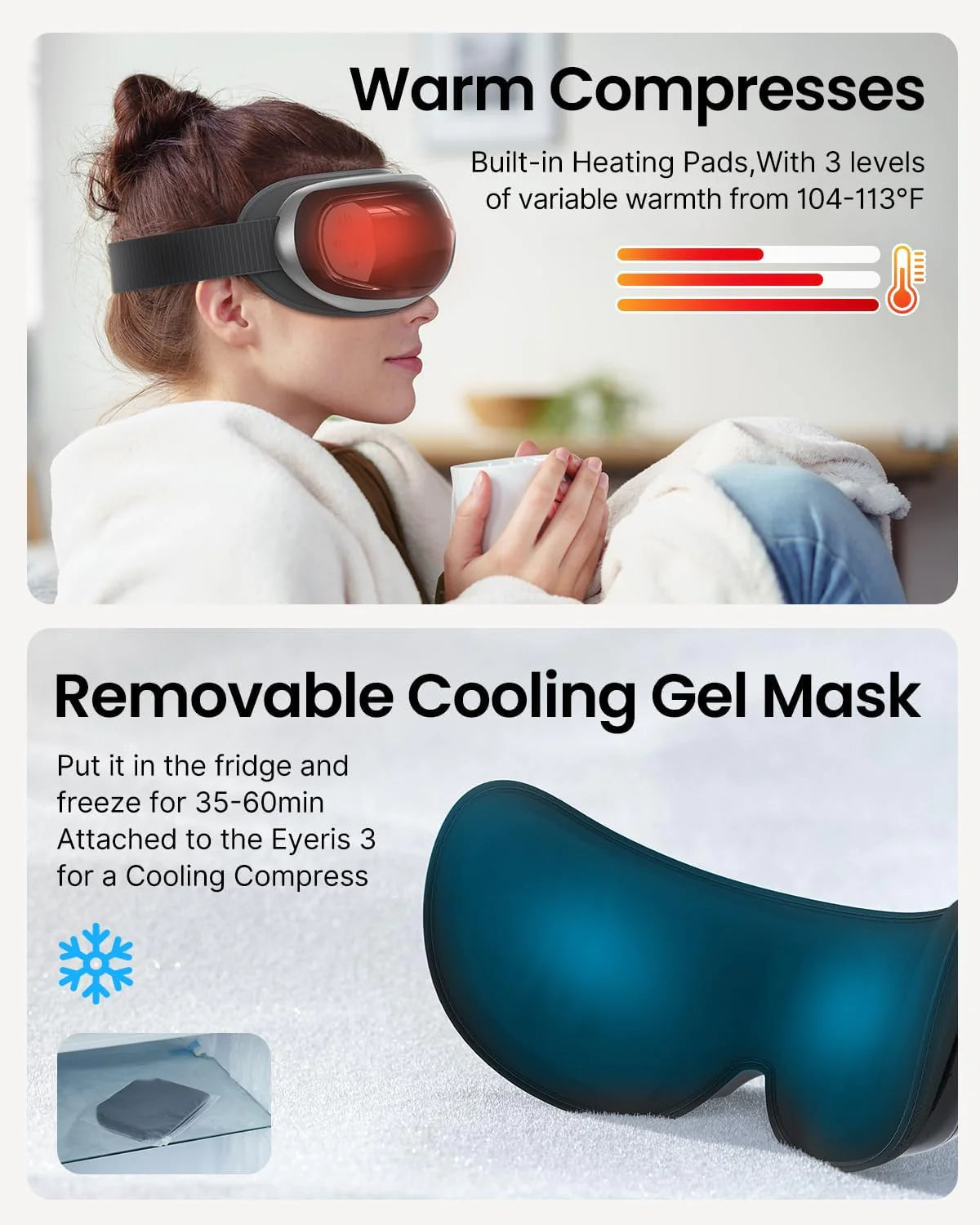 A woman wearing a Renpho EU Eyeris 3 Eye Massager with heating pads is featured. Below, a cooling gel eye mask, described as removable and freezable, is displayed. Temperature ranges for each mask are indicated.