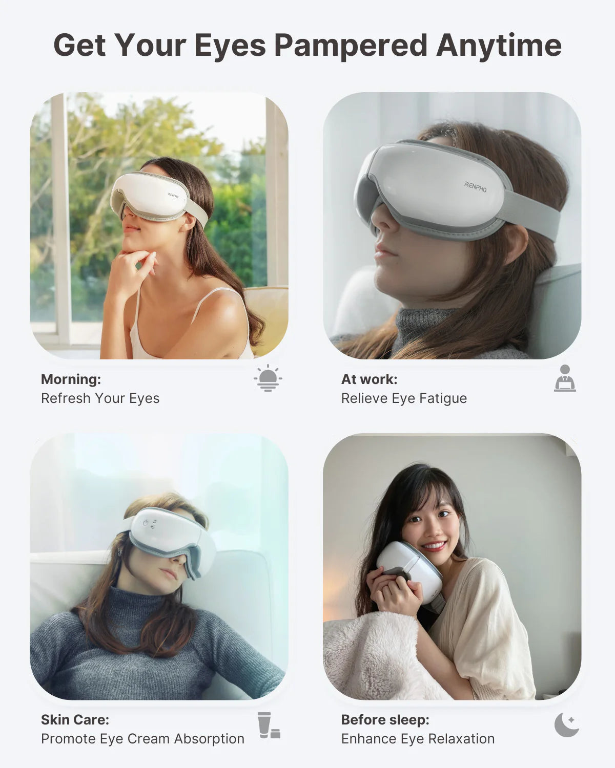 Four-panel image showcasing individuals using a Renpho EU Eyeris 1 Eye Massager in different settings: a woman by a sunny window, a woman at a desk, another wearing a scarf, and a smiling woman holding a phone.