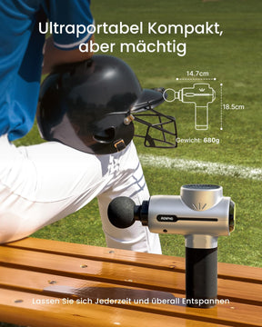 An advertisement showcasing the RENPHO Massage Gun with Screen placed on a wooden bench. In the background, a person wearing a blue shirt and black professional cycling helmet holds the device against their shoulder. Measurements and text.