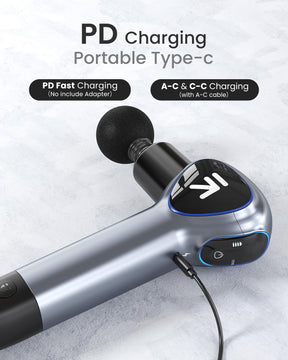 A handheld portable massage gun on a textured gray background featuring an OLED display, labeled "pd charging portable type-c", with icons indicating pd fast charging and a-c & c-c charging options, is designed by Renpho EU.