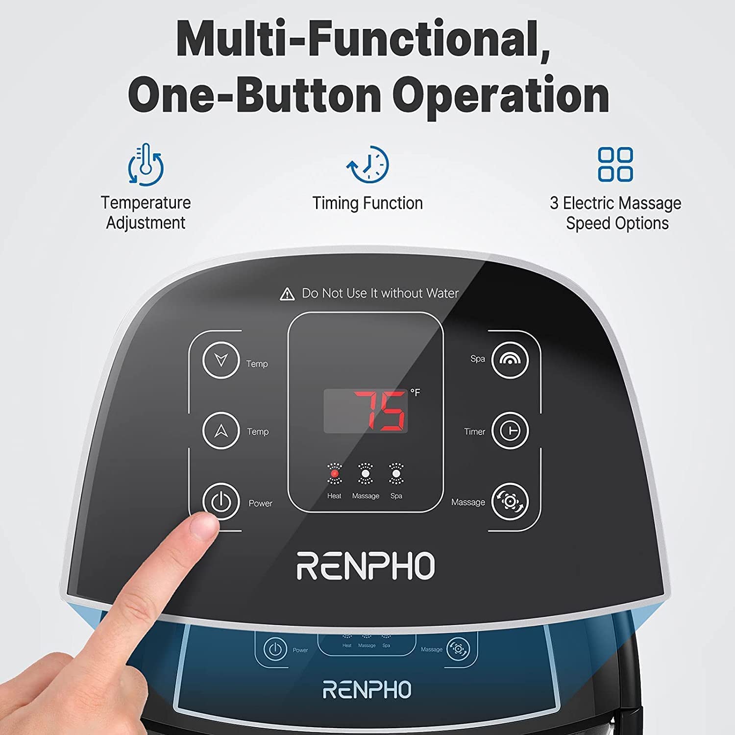 Close-up of a finger pressing the "power" button on a Renpho EU Foot Spa Massager with Fast Heating's digital control panel, which features touch buttons for temperature, timer, and massager speed adjustments, and displays.