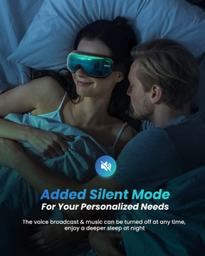A couple in bed; the woman wears a Renpho EU Eyeris 1 Eye Massager - Silver Teal displaying "anew," and the man looks at her. Text overlay says, "added silent mode for your personalized needs," highlighting adjustable features.
