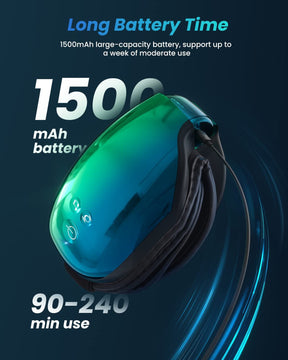 A sleek, modern, green and black wireless earbud with a reflective surface is prominently displayed. Text highlights its features: "1500mAh battery," "up to a week of moderate use," and Renpho EU Eye Massager - Sliver Teal.