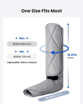Illustration of a gray, adjustable Aeria Elementary Calf and Foot Massager labeled "one size fits most" with dimensions: 23.3 inches in length and 10.6 inches wide on the top, tapering down by Renpho EU.