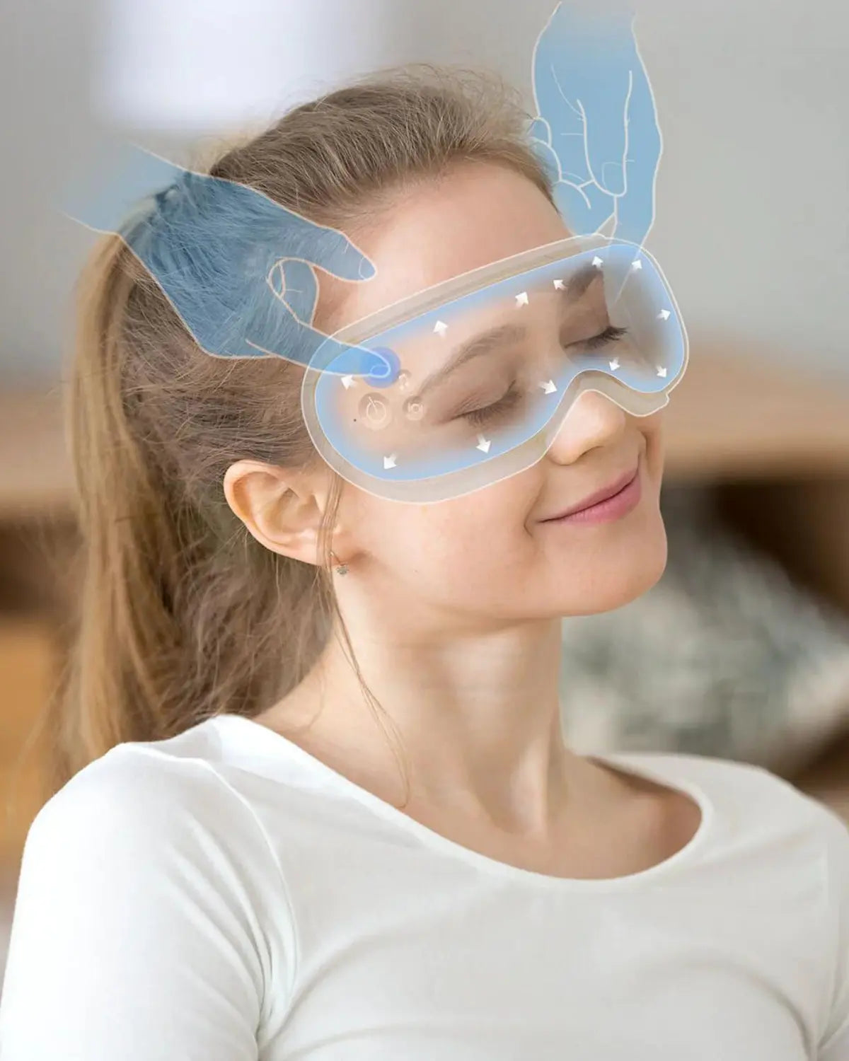 A young woman with long hair in a ponytail wears a white shirt and a relaxed smile while sitting indoors. She is wearing the Renpho EU Eyeris 1 Eye Massager, illustrated with blue massage hands applying gentle pressure to the mask’s surface, suggesting a soothing compression therapy to relieve eye strain.