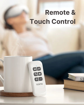 A person relaxes in a chair with an Eyeris 1 Eye Massager by Renpho EU designed for migraine relief, a mug on a coaster, and a remote labeled "renpho." Text reads "remote & touch control.